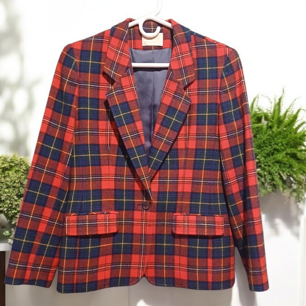 Pendleton Blue Red Plaid Wool Jacket Blazer Size 10 Dark Academia Preppy Golf